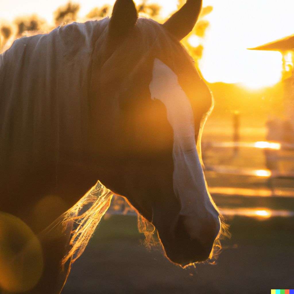 a horse, photograph, golden hour lighting